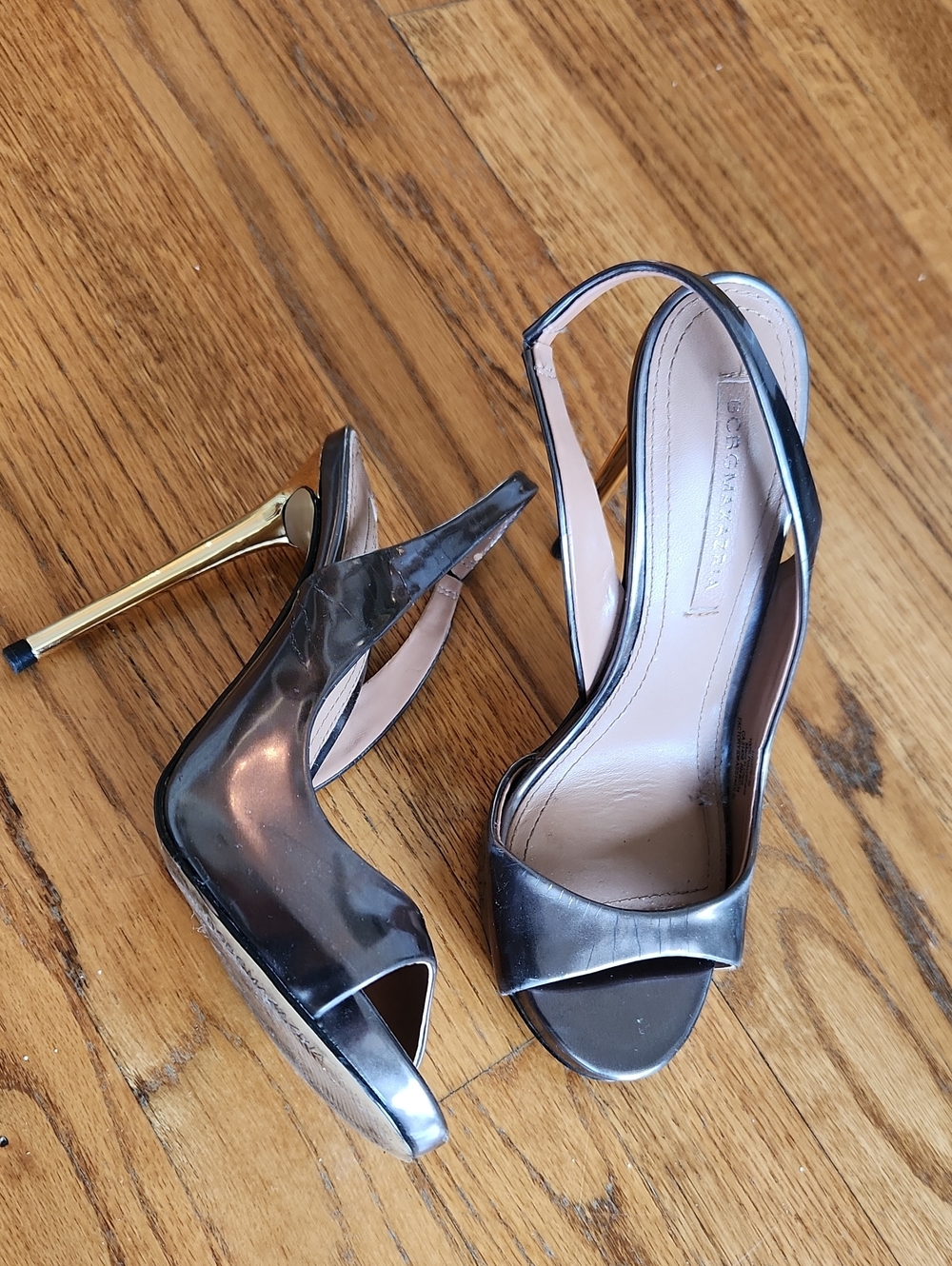 BCBGMaxAzria Pewter Slingback Heels with Gold Stiletto